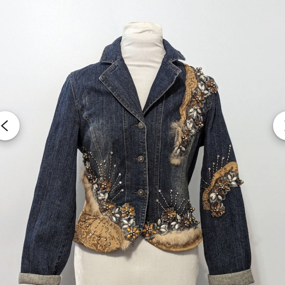 West 36Th Jackets & Blazers - Embellished Denim Jacket by WEST 36th with Fox Fur Trim, Beaded Rhinestone